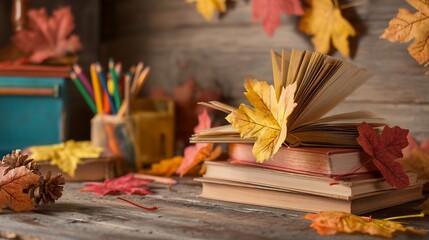 Autumn themed school setting with books pencils and maple leaves scattered across a wooden desk warm tones and cozy back to school vibes overlay cut out on isolated transparent removed background