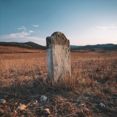 Weathered Stone Marker in Field of Dry Grass Rural Landscape Under Open Blue Sky Outdoors Photography