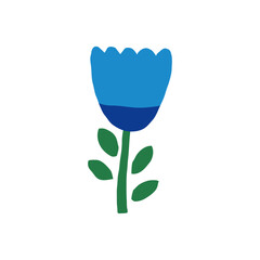 A minimalistic vector illustration of a blue flower with a green stem and leaves. The flower has a simple design with a rounded shape and flat colors.