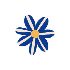 A minimalistic vector flower design with blue petals and a yellow center. The petals have white stripes, creating a simple yet striking visual effect.
