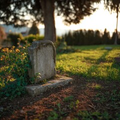 Weathered Tombstone in Serene Cemetery Grounds with Wildflowers and Sunlight