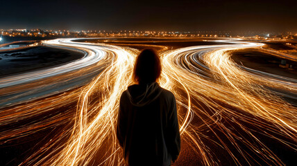 Standing at a crossroads of glowing paths, this figure evokes a sense of contemplation and the weight of decisions in the night.
