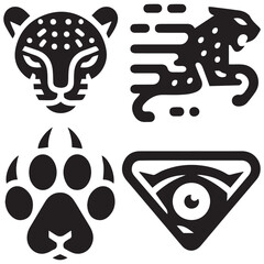 Four black stylized jaguar icons head running paw and triangular eye © dikifajarfadilah