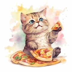 Whimsical Kitten Watercolor Painting with Pizza Slices and Delightful Feline Companion Watercolor Art