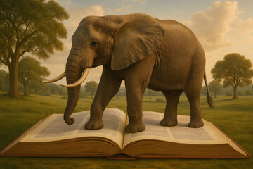 Elephant standing on an open book in a serene landscape, symbolizing knowledge, wisdom, and the harmony between nature and learning.