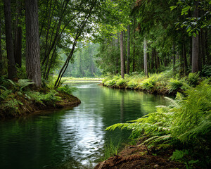 Obraz premium A serene river flows through a lush green forest, surrounded by vibrant ferns and trees.