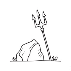 A trident resting at an angle on a rock