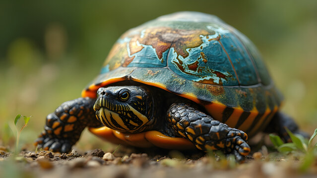 Turtle with miniature world on shell. Ultra realistic turtle artwork. Close-up turtle shell painting. Unique animal art design.