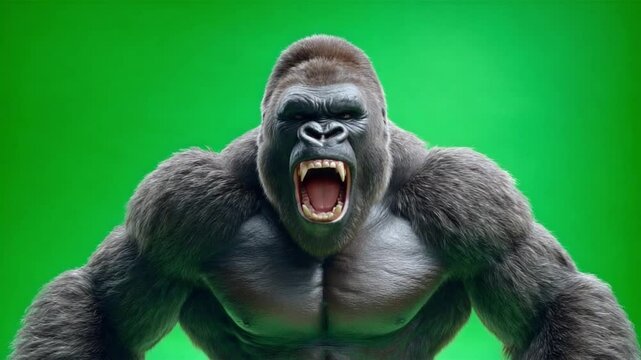 Roaring Gorilla: Powerful gorilla roars with ferocious teeth against a vivid green, showcasing his raw strength and wild nature in sharp focus.