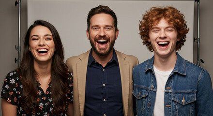 A group of three friends laugh out loud in a studio room, sharing kindness
