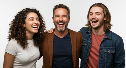 A group of three friends laugh out loud in a studio room, sharing kindness