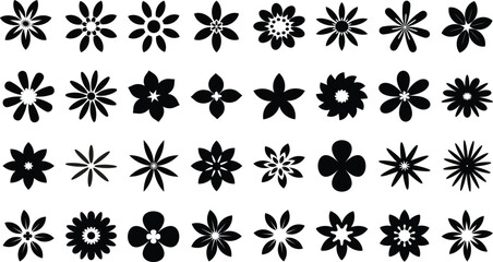 Set of Black and White Flower Icons | Floral Design Elements for Decoration, Patterns,  floral icon set vector, nature design floral vectors, shape illustrations, floral graphic symbol