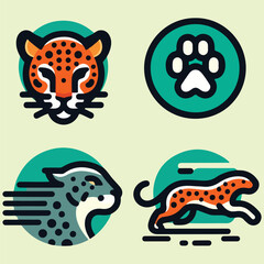 The image features four different stylized jaguar illustrations with distinctive teal green circles