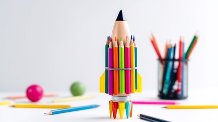 Back school concept featuring rocket creatively made school supply like pencil crayon ruler standing upright clean white background minimal surrounding item symbolizing creative learning imagination