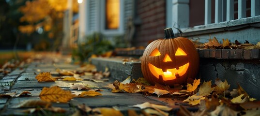 Serene jack o' lantern on front step, bathed in streetlight glow, amidst autumn leaves