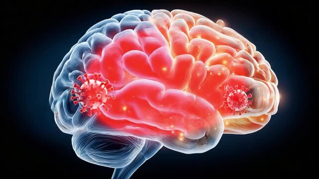 Brain Anatomy and Viral Infection: A detailed, digitally rendered illustration showcases the human brain, highlighting the impact of a virus, visualized with striking contrast and clarity.