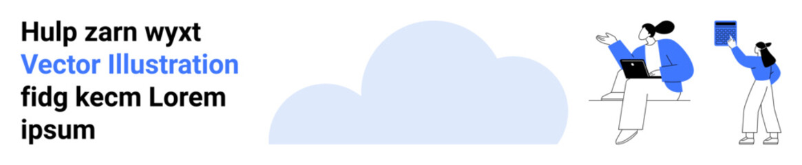 Two people interact with technology near a cloud graphic. Ideal for teamwork, innovation, remote work, data sharing, cloud computing, digital transformation, simple landing page