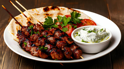 Grilled Meat Skewers With Pita And Yogurt Sauce