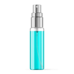 Spray bottle with blue liquid & silver pump - isolated background and shadow - Exclusive Mockups for Branding and Packaging Design	