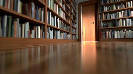Spacious Wooden Library With Bookshelves And Sunlight