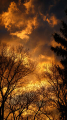 Dramatic sky ablaze with sunset hues, silhouetting trees against a fiery canvas.