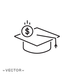 tuition fee or scholarship icon, loan on education concept, thin line symbol isolated on white background, editable stroke eps 10 vector illustration