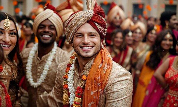 Joyful celebration during a vibrant wedding procession in a lively outdoor setting