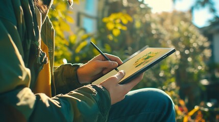 An artist sketching digitally in an outdoor setting, using a tablet and pen