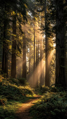 Obraz premium A sunlit path winds through a dense forest, where light filters through towering trees, creating a serene and magical atmosphere.