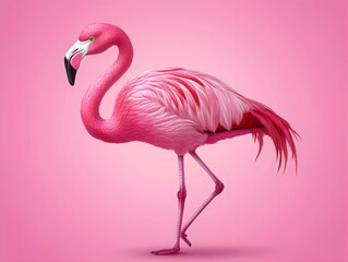 Fototapeta premium Vibrant flamingo stands elegantly on one leg against a soft pink background showcasing the beauty of nature