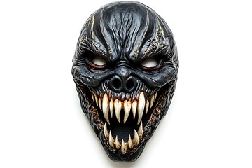 A scary black monster mask with sharp teeth isolated on a white background in a studio shot