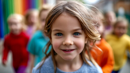 Fototapeta premium Portrait of a smiling girl with bright eyes, leading a line of children against a vibrant rainbow background, radiating joy.