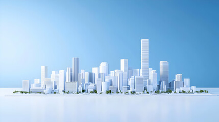 Obraz premium Geometric Cityscape Illustration With White Buildings Against Blue Sky