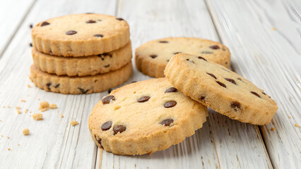 Traditional round shortbread biscuits with visible chocolate chips, soft golden texture, and a handmade, wholesome appearance