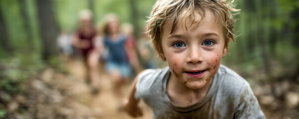 A young boy with dirt on his face, beaming at the camera during a fun run with family in a lush, green forest setting.