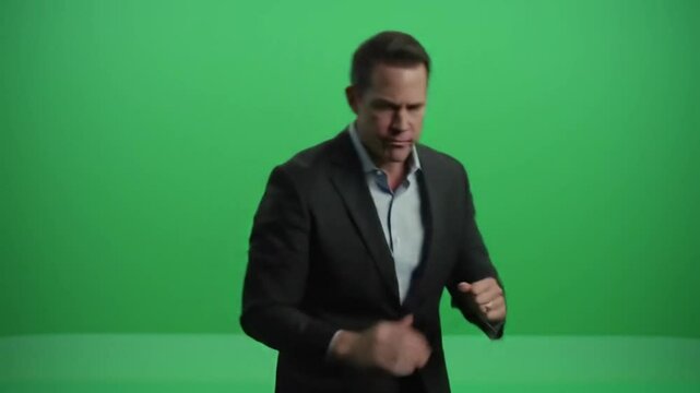 young businessman danse with his hands on his head in greenscreen 
