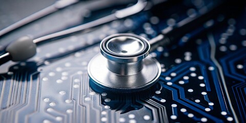 A stethoscope placed on an electronic circuit board