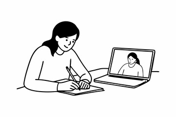 Distance education learning concept, Young woman in sweater studying education lesson online and writing in notebook while watching and learning course through video on laptop at home