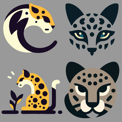 4 cartoon jaguar illustrations different styles and perspectives minimal colors © dikifajarfadilah