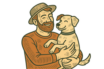 A bearded European man wearing a hat holds his dog in a charming flat cartoon vector illustration designed for greeting cards