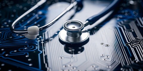 A stethoscope placed on an electronic circuit board