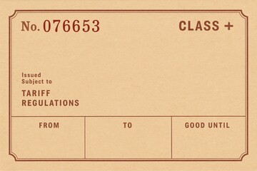 A blank vintage-style train ticket template with red ink on beige paper. The ticket includes sections labeled "From," "To," and "Good Until," along with a bold serial number and class designation. 
