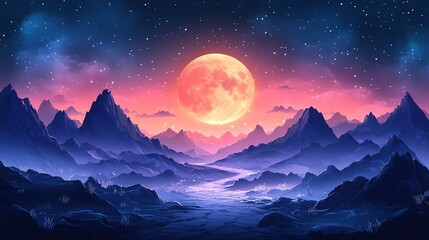 Majestic mountains under a vibrant moonlit sky.