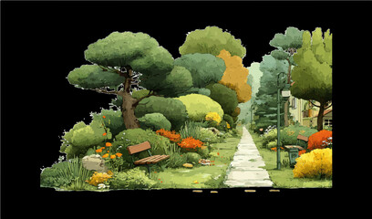 Peaceful Park Pathway Vector with Trees, Flowers, and Benches
