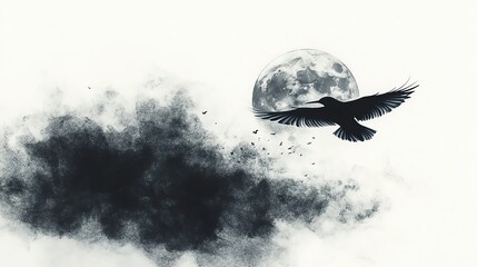 A bird flying against a full moon backdrop.