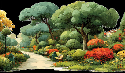 Colorful Landscape Vector of Park Pathway with Trees