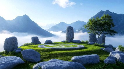 Serene mountain landscape with stone circle and lush green grass under clear blue sky