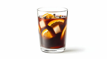 Dark Cocktail With Orange Slices And Ice Cubes In Glass