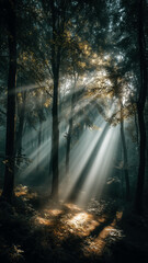 Obraz premium Sunlight breaks through a misty forest, creating ethereal beams of light between the trees. Nature's beauty.