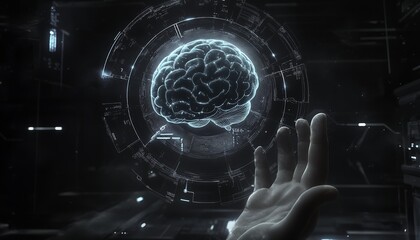 A digital illustration of a floating AI brain above an open palm, surrounded by a glowing circular network with data points and circuit patterns
